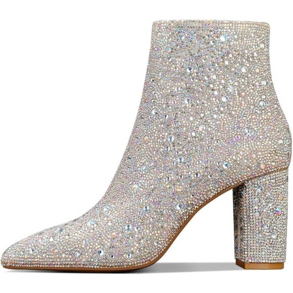 MSONLYDN Ankle Boot Women's Silver Polyester Glass Stone Pointed Toe Chunky Heel - Picture 2 of 6